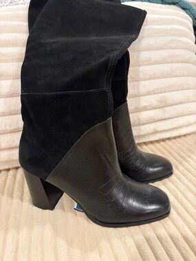 Dolce Vita Black Suede & Croc-Embossed Leather Over-the-Knee Boots